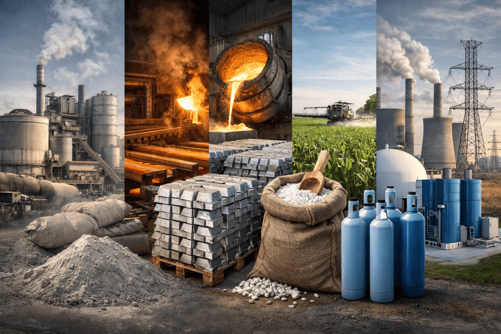 Imagen representativa de los sectores afectados por el CBAM en Europa: cemento, acero, aluminio, fertilizantes, hidrógeno y electricidad