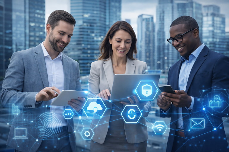 Ilustración de movilidad empresarial y gestión de dispositivos móviles